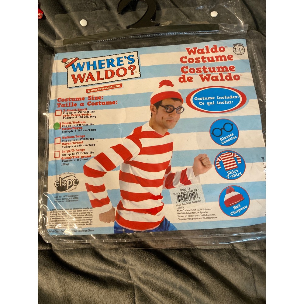 Where's Waldo Costume Set Elope Adult S/M Red White Striped Shirt Hat 0391